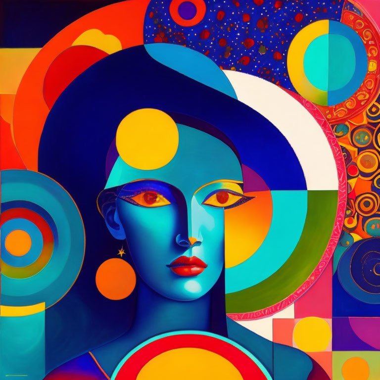 Vibrant abstract portrait of a woman with geometric shapes and celestial motifs