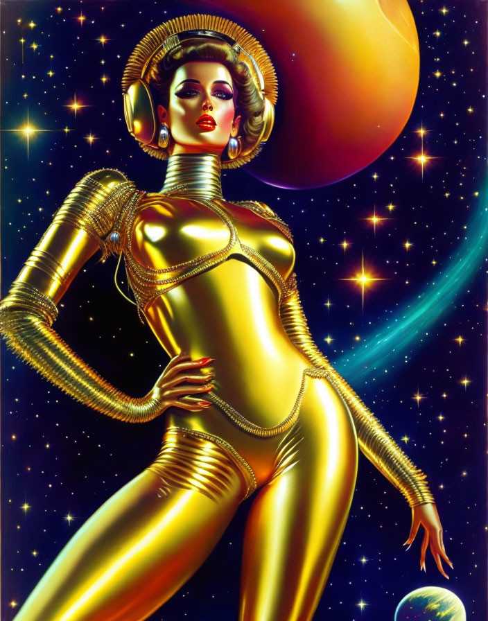 Futuristic woman in gold spacesuit with celestial backdrop