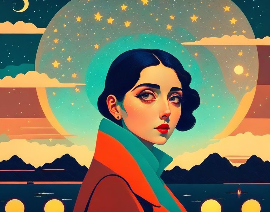 Woman in vivid vintage night sky illustration