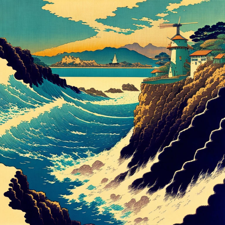 Stylized seascape with waves, windmill, mountains