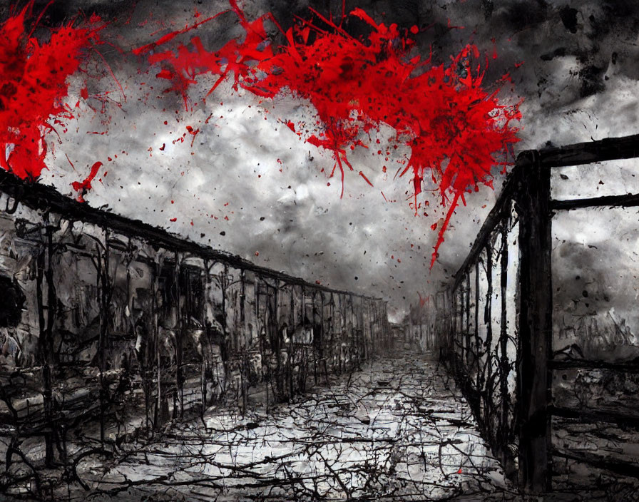 Monochromatic ruins and barbed wire with vibrant red splatter