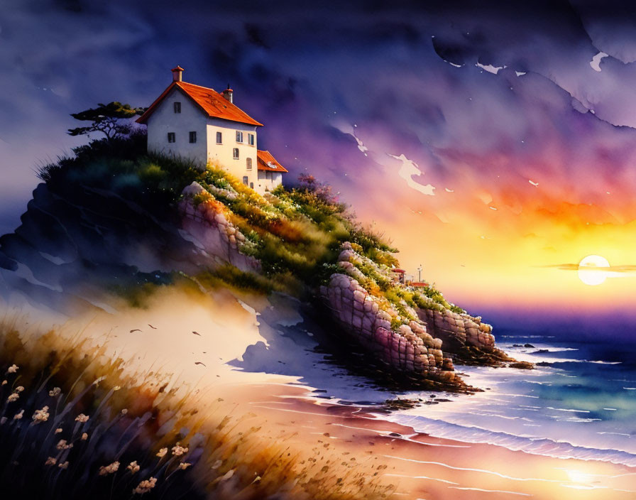 Scenic watercolor painting of house on cliff with lighthouse at sunset