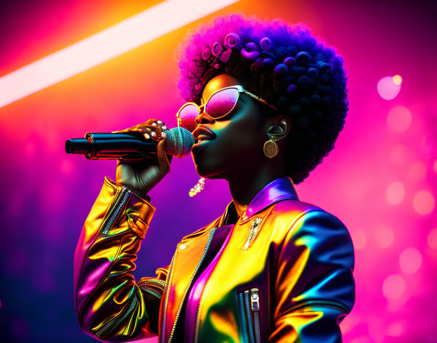 Singer with Afro Hairstyle and Sunglasses Holding Microphone