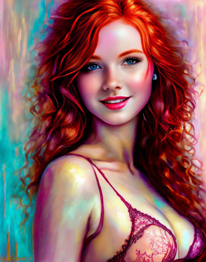 Vibrant red-haired woman with blue eyes in purple lace attire on colorful abstract background