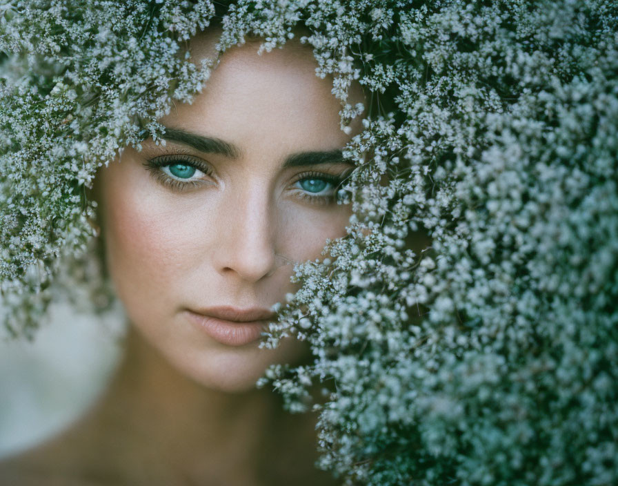 Portrait of Woman with Piercing Blue Eyes and White Flower Veil