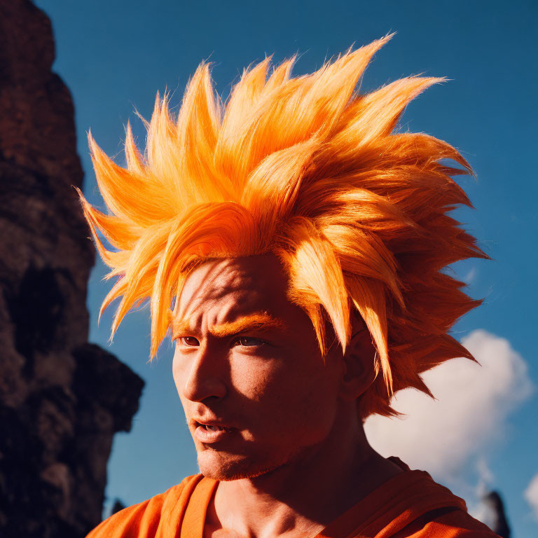 Spiky Orange-Haired Person in Orange Outfit Against Blue Sky