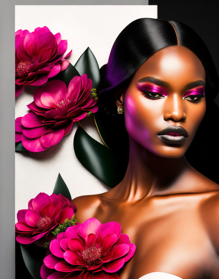 Portrait of woman with dark skin, pink makeup, and flowers