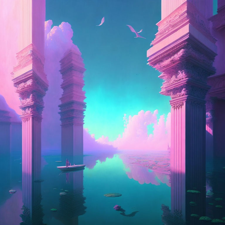 Surreal landscape with colossal pillars, reflective water, pastel sky, birds, and boat