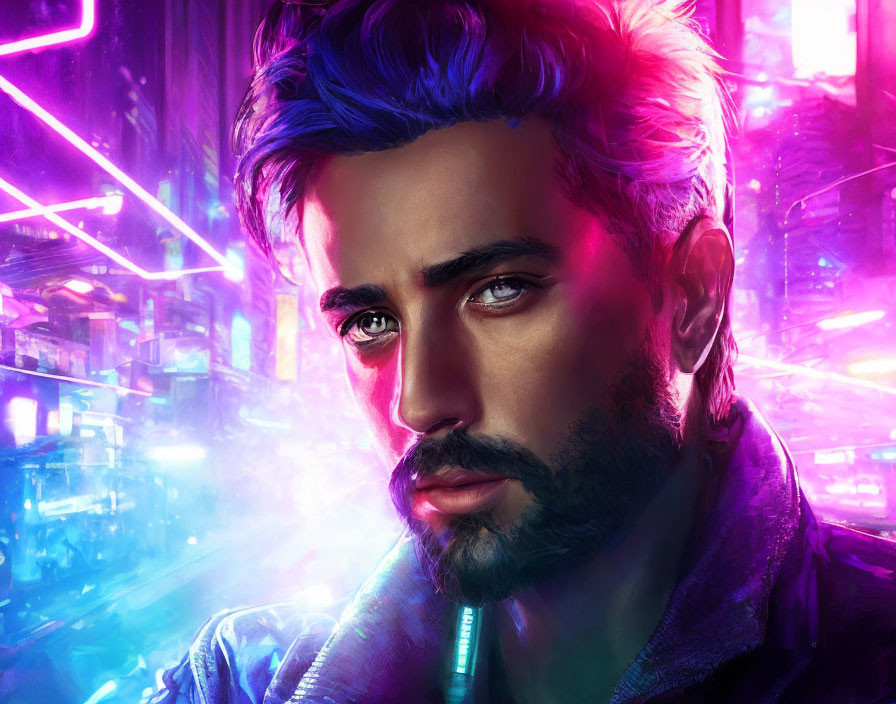 Man with Blue Hair and Beard in Futuristic Cityscape Portrait