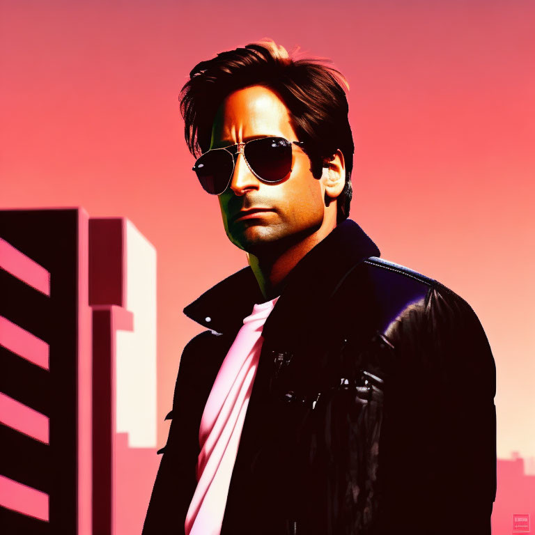 Man in Aviator Sunglasses and Leather Jacket on 80s Style Background