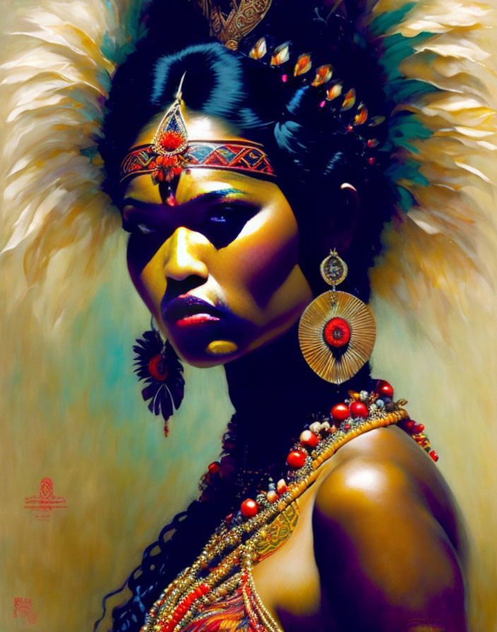 Portrait of Woman with Feathered Headdress and Beaded Jewelry