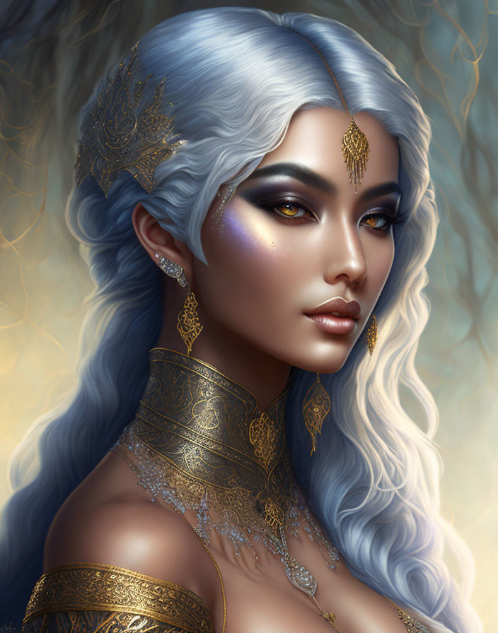 Silver-haired woman in blue and gold attire with ethereal makeup on golden backdrop