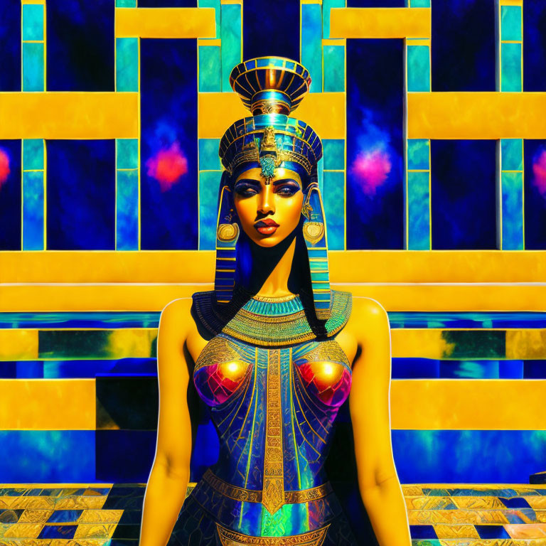 Egyptian Pharaoh with Headdress on Blue and Gold Geometric Background