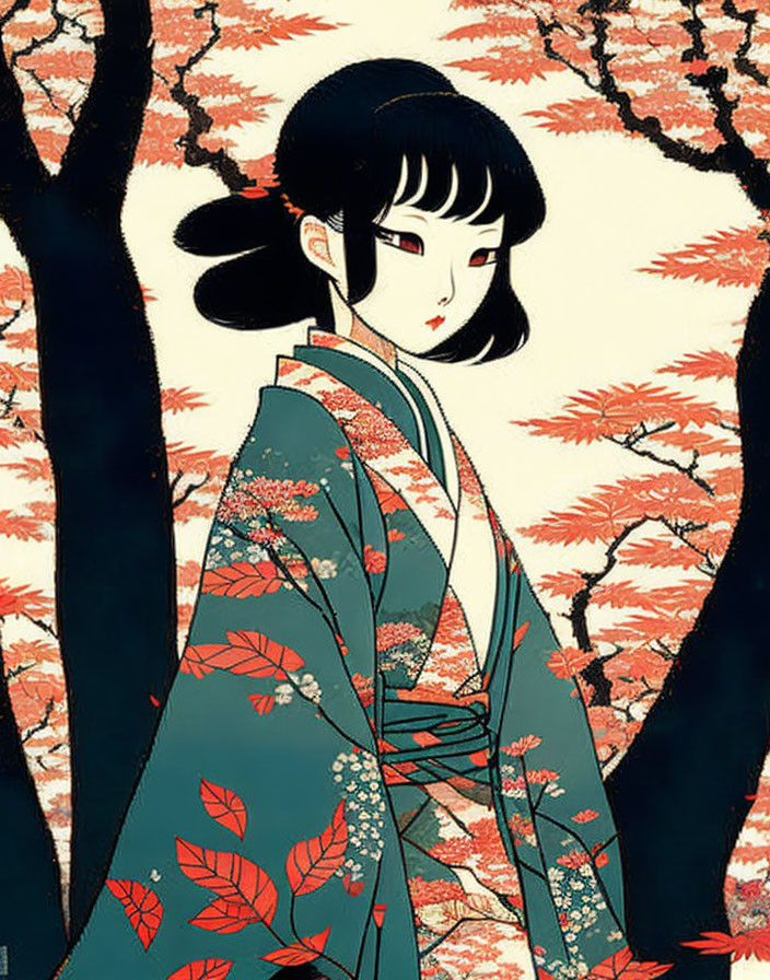 Japanese woman in kimono surrounded by autumn leaves and tree trunks