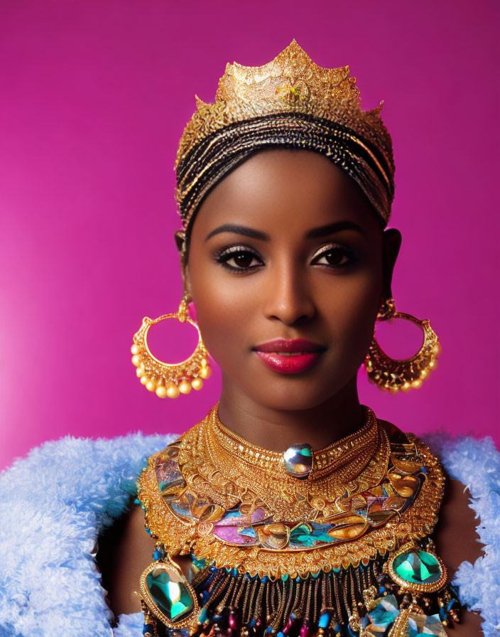 Regal woman in golden crown and earrings on pink background with ornate necklace and blue feathery