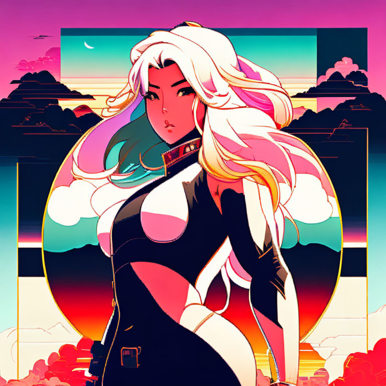 Illustration of woman with white hair in sunset with geometric shapes.