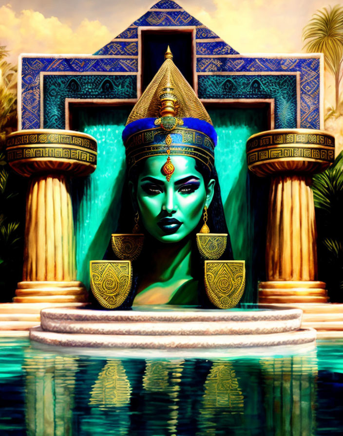 Digital artwork: Ancient Egyptian queen with headdress and gold jewelry in temple setting