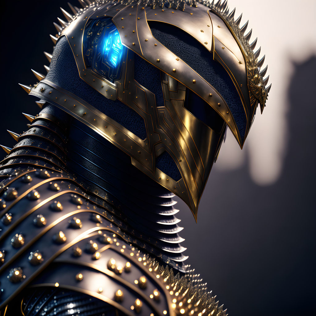 Detailed futuristic knight's armor with glowing blue visor and metallic spikes