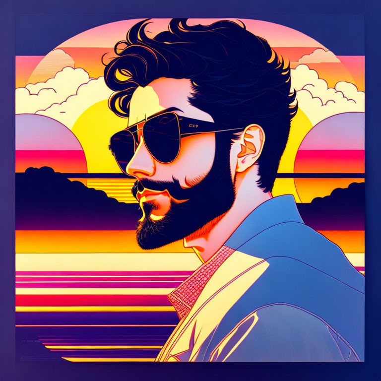 Stylish man with beard in sunglasses against retro sunset.