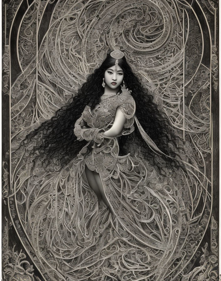 Monochrome artwork of woman in lace dress with flowing hair