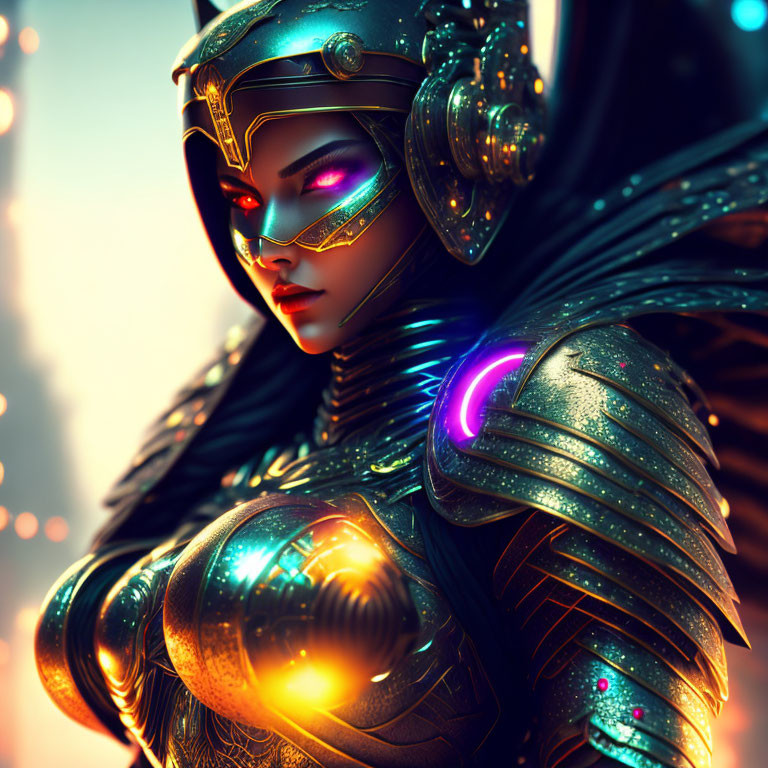 Futuristic warrior in ornate armor with glowing neon accents and reflective visor