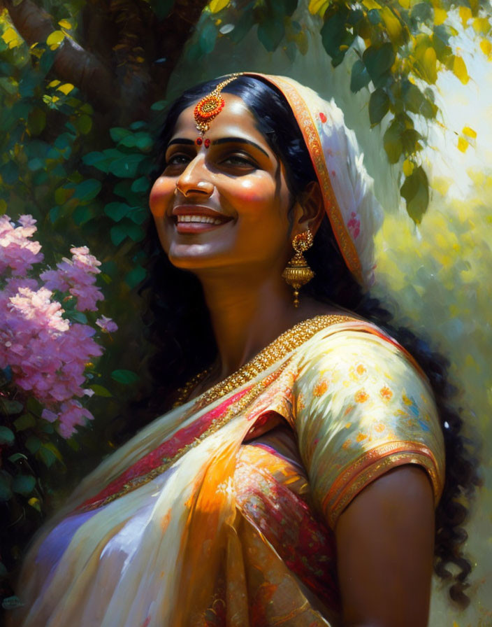 Traditional Indian attire woman surrounded by blooming flowers