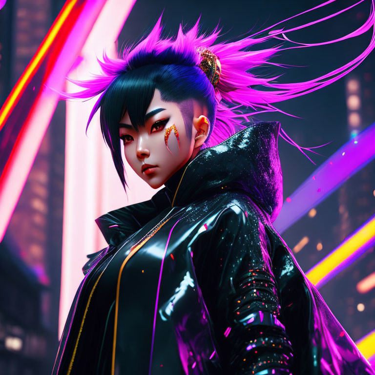 Vibrant blue-haired animated character in futuristic black outfit among neon lights