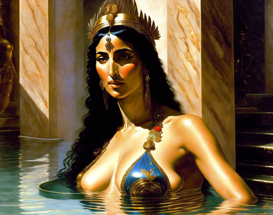 Woman in Egyptian headdress submerged in water with stone columns background