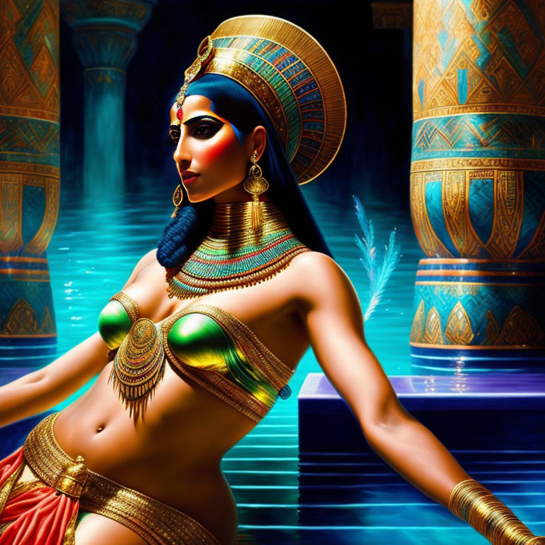 Egyptian queen adorned with gold jewelry and headdress in front of ancient pillars and water