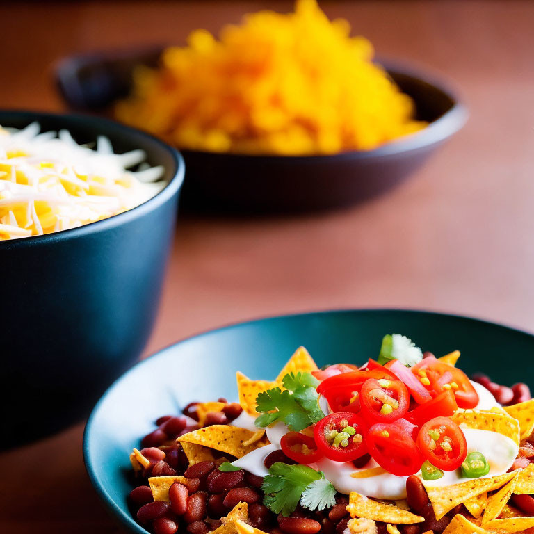 Nachos with Beans, Sour Cream, Jalapenos, and Cilantro, Cheese and Rice