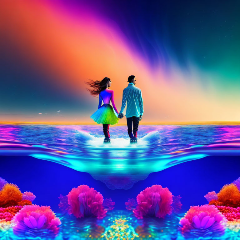 Vibrant colorful background with two people holding hands on water