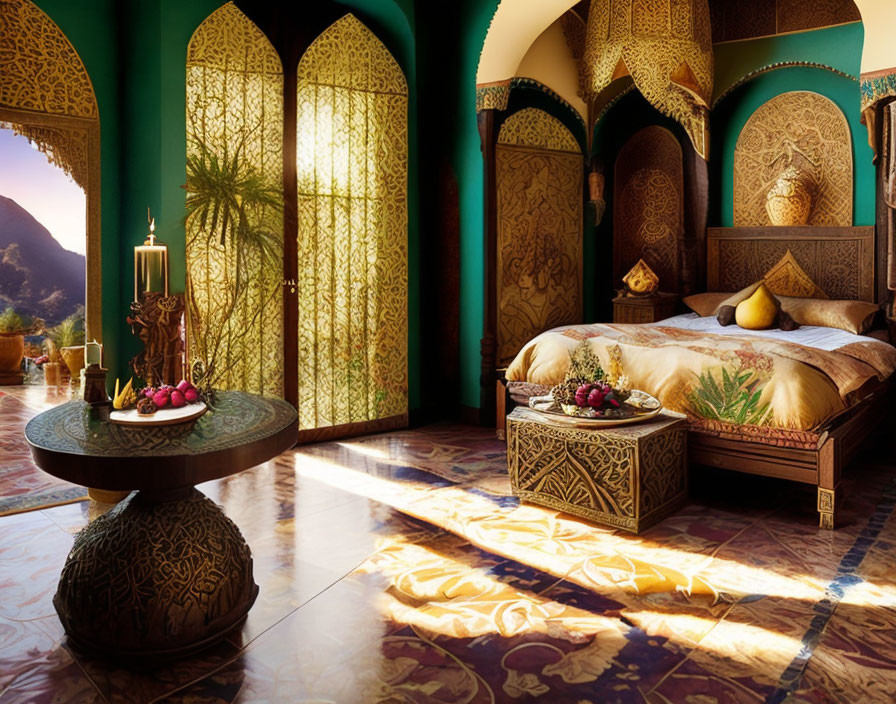 Luxurious Moroccan-themed bedroom with intricate woodwork and ornate patterns