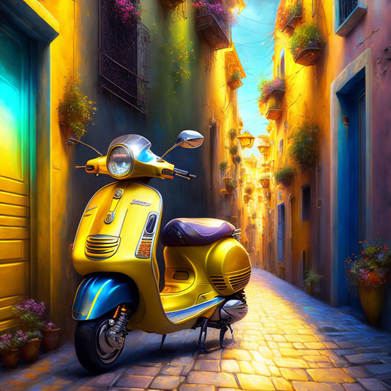 Yellow scooter in vibrant alley with blue walls and hanging plants