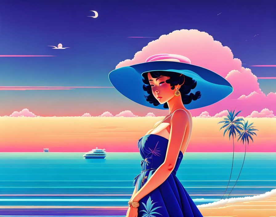 Illustration of woman in blue dress at beach sunset