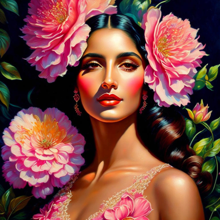 Portrait of woman with dark hair and pink peonies in warm, rosy glow