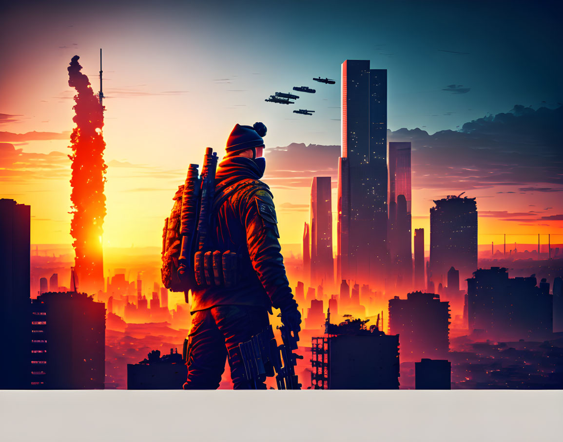 Person's silhouette in post-apocalyptic cityscape with skyscrapers and fiery explosion at sunset