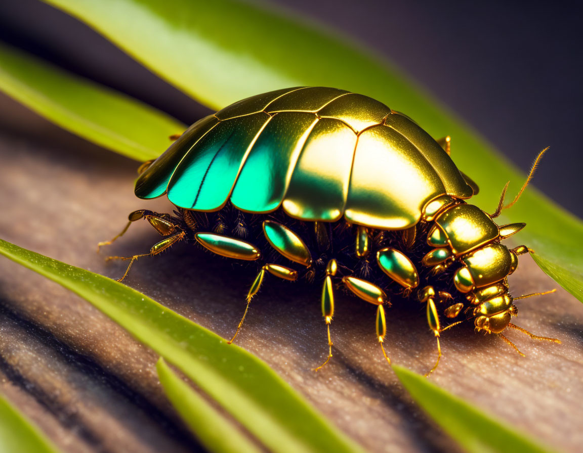 Iridescent metallic green beetle on leaf with delicate antennae