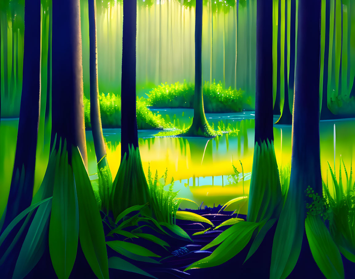 Serene forest digital art with tall trees and glowing greenery