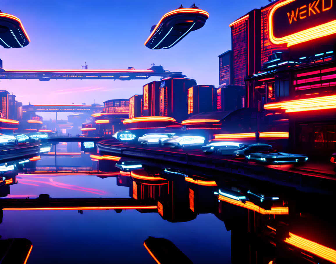 Futuristic cityscape with neon lights and flying cars at twilight