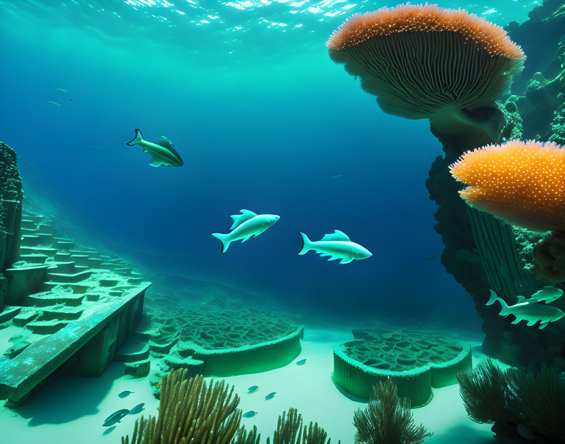 Marine life with fish, corals, and plants in underwater scene