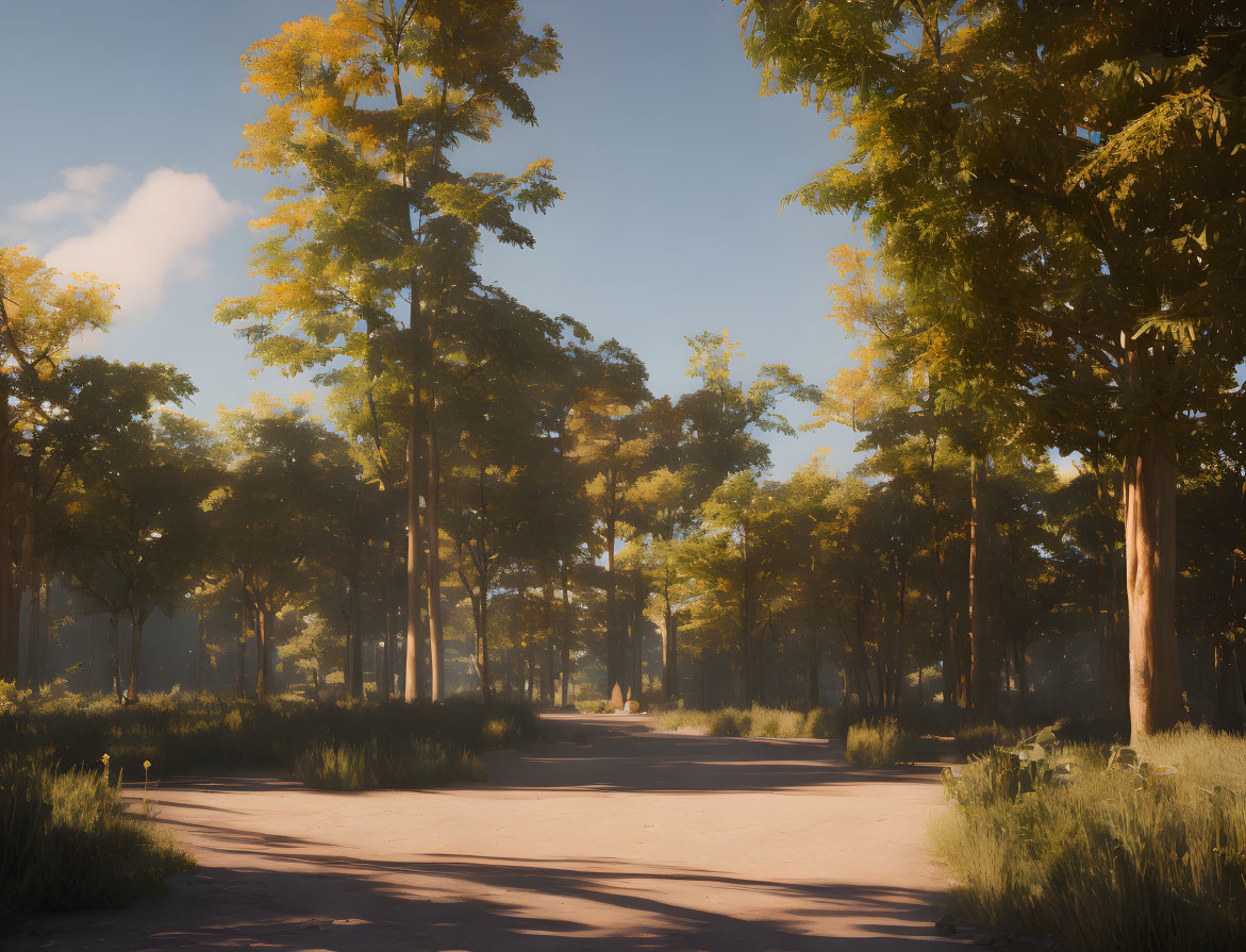 Tranquil forest path with tall trees and sunlight filtering through foliage