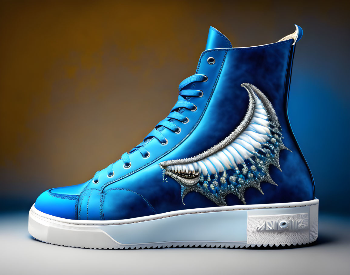 Blue High-Top Sneaker with White Wing Design on Warm Gradient Background