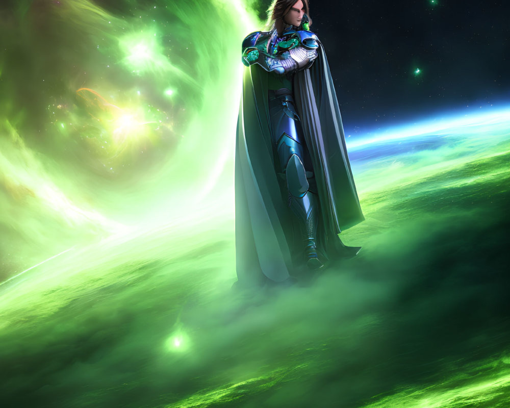 Futuristic armored figure gazes at green nebula in space