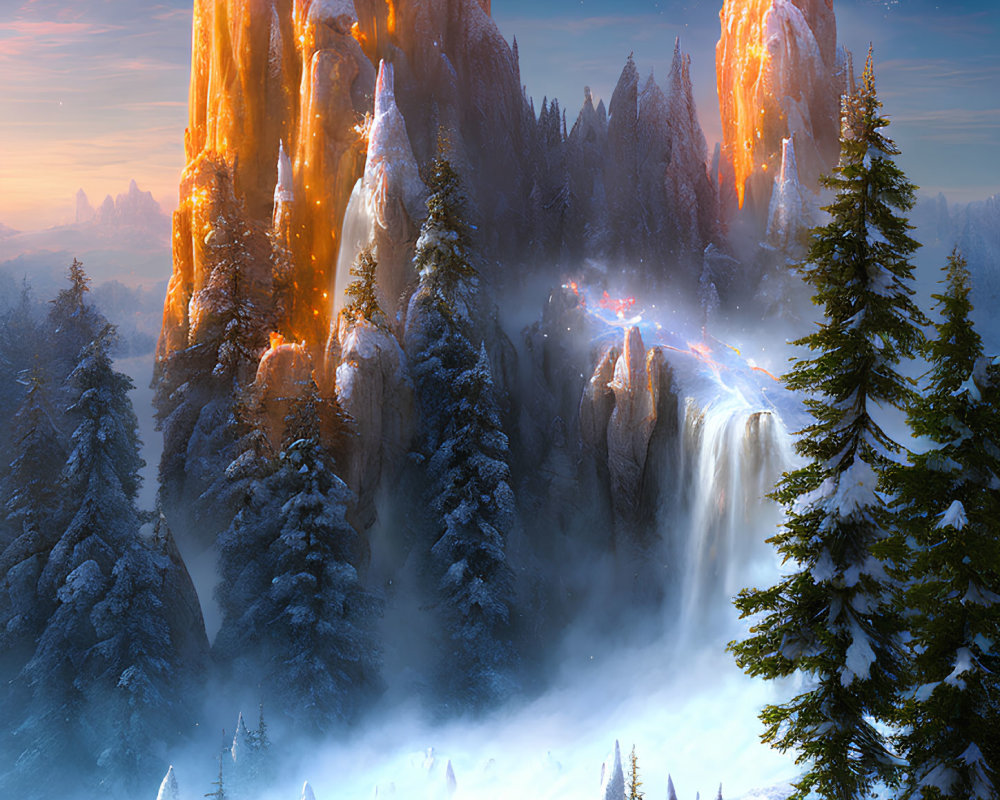 Snow-covered cliffs, waterfall, pine trees in winter scene