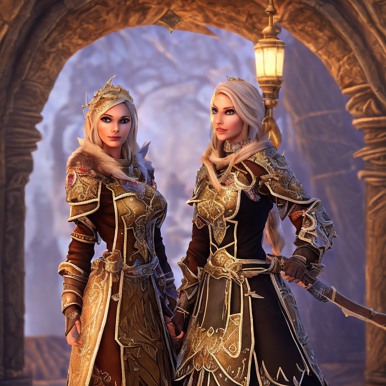 Fantasy setting with two female characters in medieval armor standing by stone archway