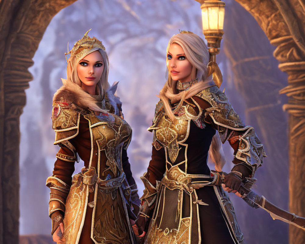 Fantasy setting with two female characters in medieval armor standing by stone archway