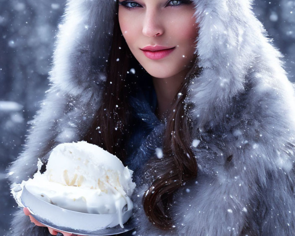 Woman in Furry Hooded Coat Holding Creamy Dessert in Snowy Setting