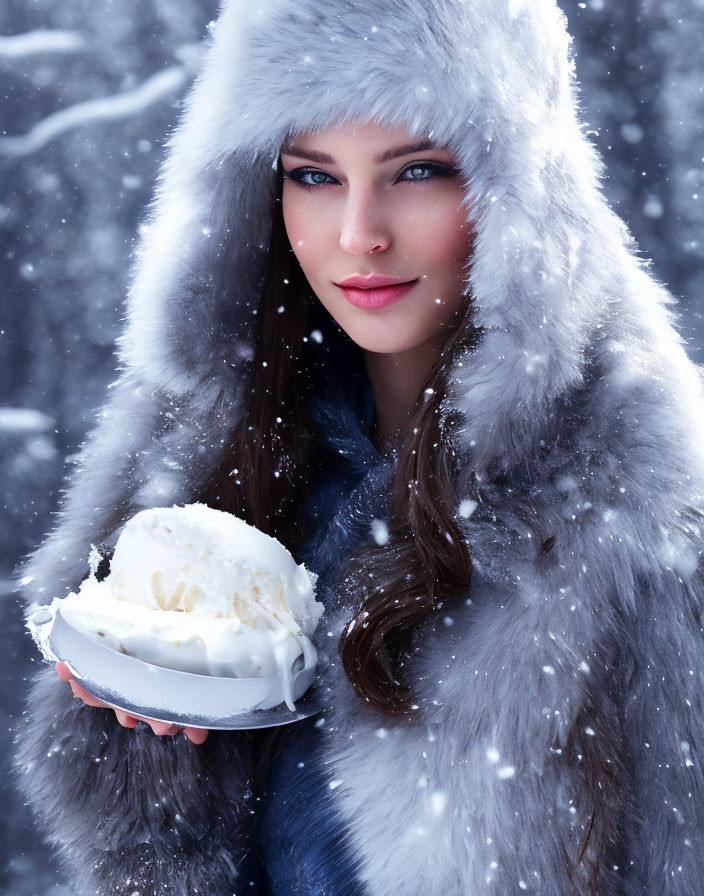 Woman in Furry Hooded Coat Holding Creamy Dessert in Snowy Setting
