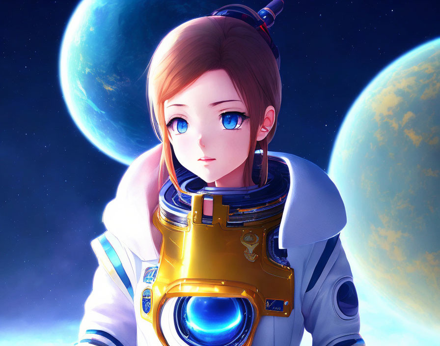 Female astronaut in white and gold suit with blue eyes in cosmic setting