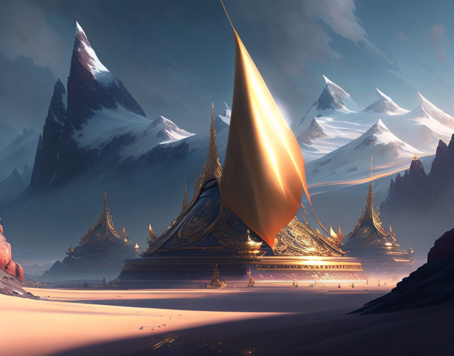 Golden futuristic structure with teardrop ornament in desert landscape with snow-capped mountains